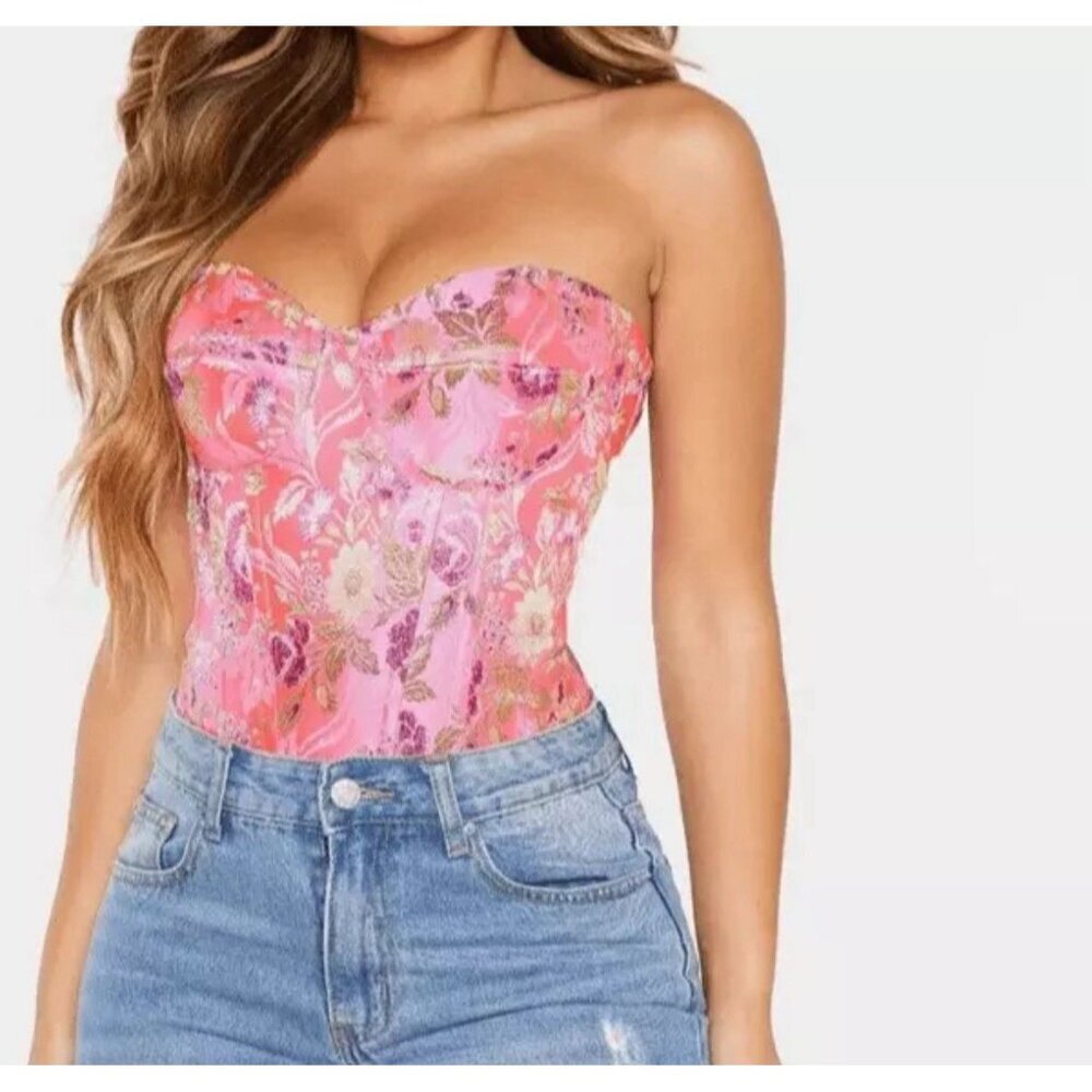 NWT Pretty Little Thing Plus Pink Floral JACQUARD Satin Corset Size US 14 - Picture 1 of 7